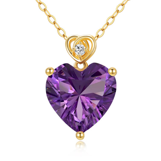 NFYBD 14k Gold Love Heart Amethyst Birthstone Pendant Necklace for Women 3 Carat Heart-cut Created Gemstone Anniversary Birthday Mother's Day Necklaces for Her 16+1+1 inch-Feb