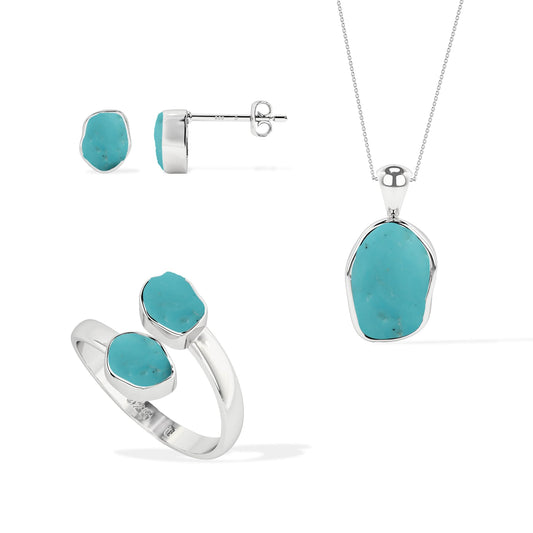 LUSTRE AND LIGHT Natural Rough Turquoise Jewelry Set for Women in 925 Silver, December Birthstone Gifts for Her Birthday, Anniversary, Christmas (Necklace, Ring, Earring)(Adjustable Size - US-6/7/8)