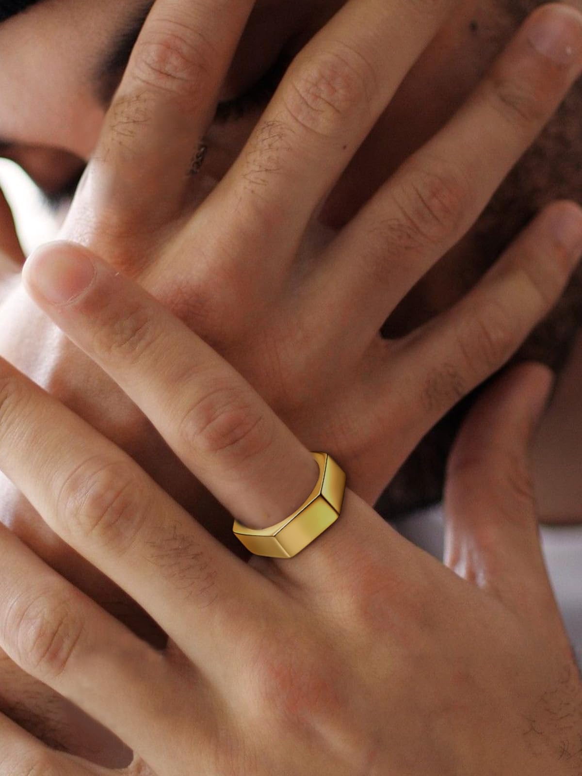 ChainsHouse Gold Hexagon Geometric Ring for Men Women, Cool Punk Hip Hop Biker Band Rings(Size 13)