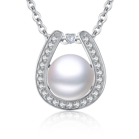 11.5 mm Pearl Necklace 925 Sterling Silver Jewelry 5A Cubic Zirconia Horseshoe Pendant Necklace Best Gifts for Mom Women Girlfriend Grandma Her Wedding Birthday Anniversary Engagement Valentine's Day