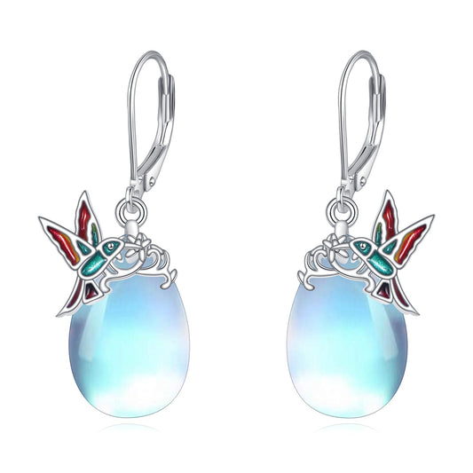 TIGER RIDER Hummingbird 925 Sterling Silver French Clasp Leverback Earrings Moonstone Pendant Jewelry Gift for Women