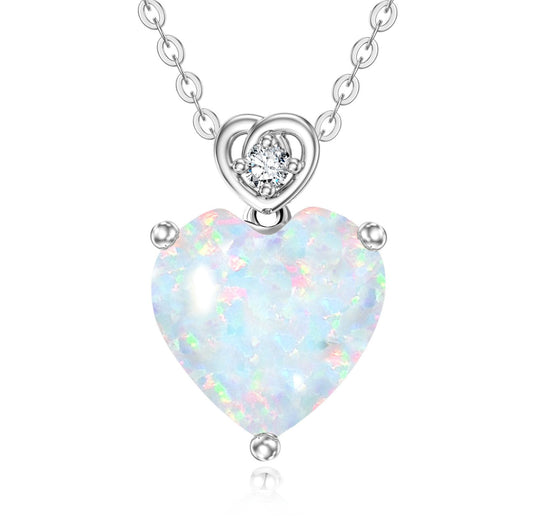 NFYBD 14k White Gold Love Heart Opal Birthstone Pendant Necklace for Women 3 Carat Heart-cut Created Gemstone Anniversary Birthday Mother's Day Necklaces for Her-October
