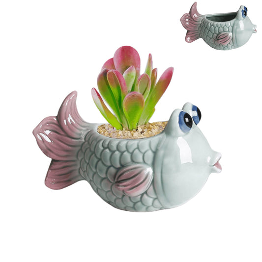 KKpxafl 6 Inch Vintage Tropical Fish Ceramic Planter, Cute Cartoon Succulent Cactus Bonsai Pot, Air Plant Holder Display Container for Home Office Desk Shelf Windowsill Decor (No Plants)