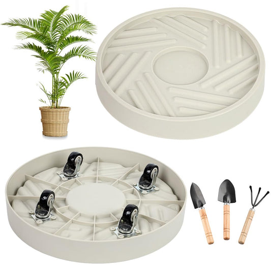 UoeRing 2 Pcs Plant Caddy with Wheels 12.4 Inch Hidden Wheels Heavy Duty Rolling Plant Stand, Indoor Outdoor Plant Saucer Tray with $9.9 Garden Tools (Beige)