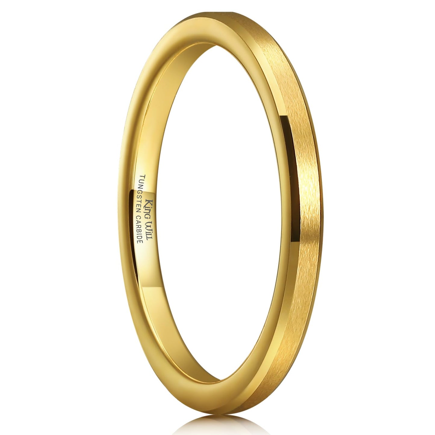King Will 2mm Gold Tungsten Men's Wedding Band - Brushed Matte Finish, Beveled Polished Edge, Comfort Fit Size 10