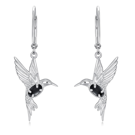 BETHZA Hummingbird Earrings 925 Sterling Silver Natural Black Onyx Hummingbirds Drop Dangle Earring Animal Jewelry Gifts for Women