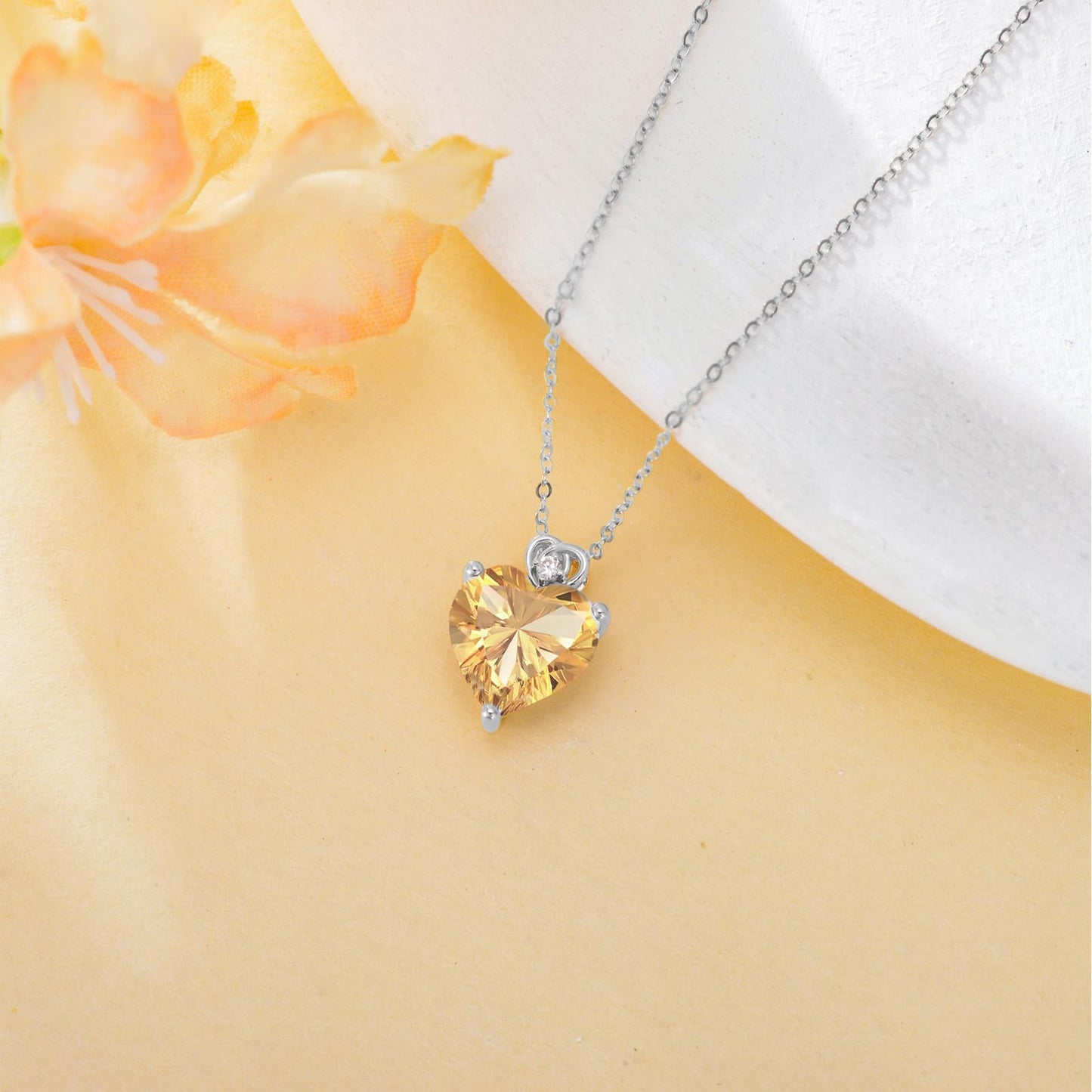 NFYBD 14k White Gold Love Heart Citrine Birthstone Pendant Necklace for Women 3 Carat Heart-cut Created Gemstone Anniversary Birthday Mother's Day Necklaces for Her-nov