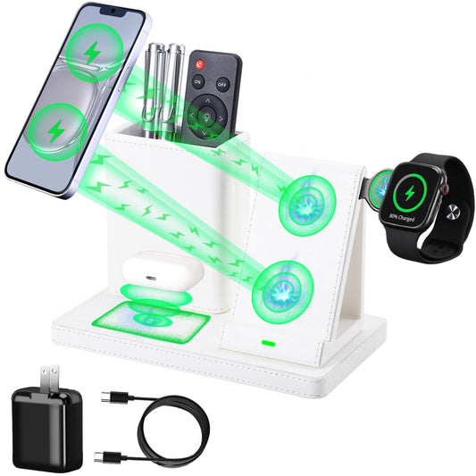 LADSTAG White Leather Pen Holder Desk Organizer with 3-in-1 Wireless Charger for Phone, Earbuds, Watch - Desktop Phone Stand,birthday gifts for women,mom gifts (white)