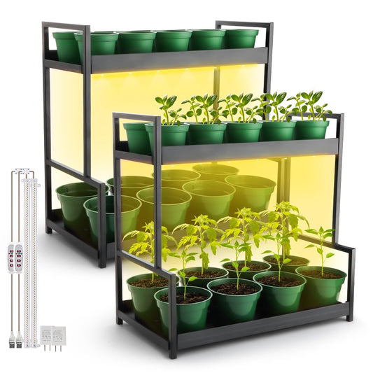 RooTrimmer 2-Pack Dual Tier Plant Stand with Grow Light and Green Plastic Nursery Pots for Plants, Indoor Gardening Kit for Herbs, Succulents, Seedlings & Small Plants Gardening Gifts
