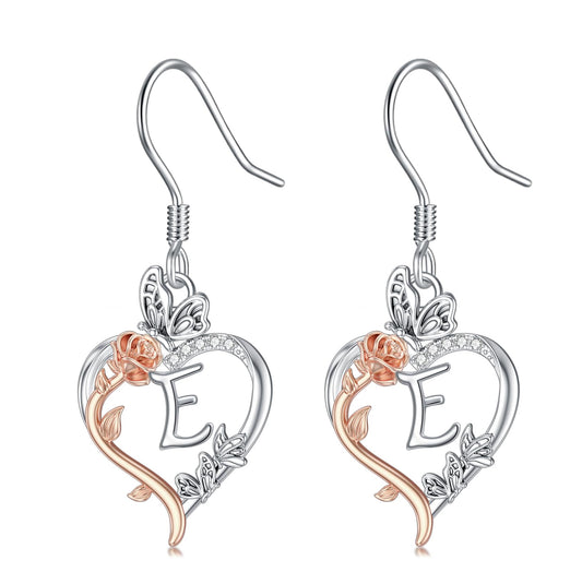 TOUPOP Rose Heart Initial Earrings Sterling Silver Butterfly Earring Initial E Letter Drop Dangle Earrings Jewelry Anniversary Birthday Mothers Day Gifts for Women Mom Wife Girlfriend Her
