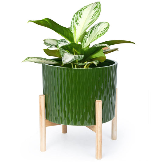 LaDoVita Ceramic Plant Pot with Stand, 10 Inch Planter with Wood Shelf, Modern Round Flower Pots Indoor with Wood Planter Holder, Dark Green Water Ripple Pattern