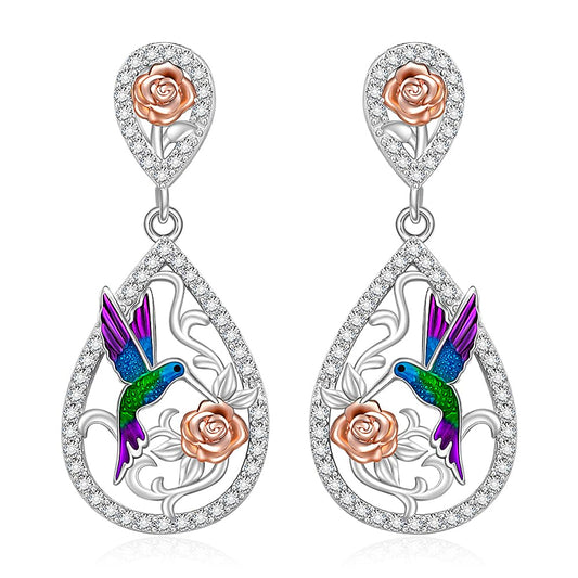 Hummingbird Earrings for Women 925 Sterling Silver Rose Dangle Drops for Women Cubic Zirconia Bird and Rose Design Dangle Drop Earrings Gifts for Lovers