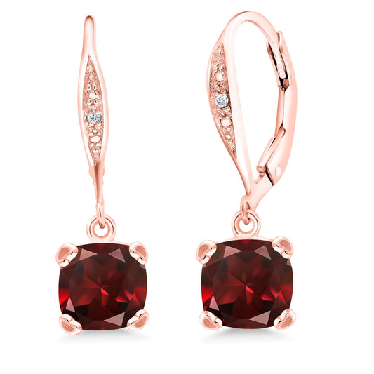 Gem Stone King Drop Dangle Earrings For Women | 7MM Cushion Cut Gemstone Birthstone and Diamond | 925 Sterling Silver | Jewelry Gift for Mom Wife Her | Garnet-January | Rose Gold