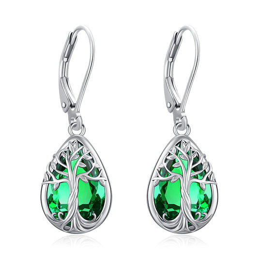 Eusense Tree of Life Earrings 925 Sterling Silver Dangle with May Birthstone Emerald Earring for Women Teardrop Leverback Sterling Silver Birthstone Jewelry Gift