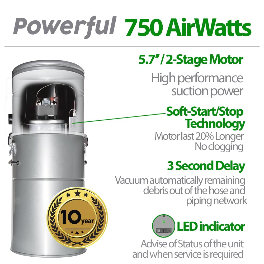 OVO Heavy Duty Powerful Central Vacuum System, Hybrid Filtration (with or Without Disposable Bags) 35L or 9.25Gal, 750 Airwatts with 40ft Deluxe Plus Accessory kit Included