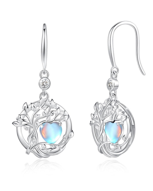 FANCIME Tree of Life Earrings 925 Sterling Silver Dainty Moonstone Dangle Drop Gemstone Earring June Birthstone Fine Jewelry Birthday Mothers Day Gifts for Mom Her Women