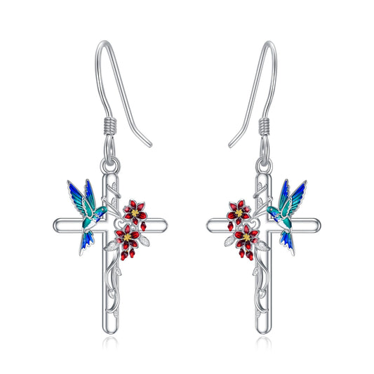 LONAGO Hummingbird Earrings for Women Sterling Silver Hummingbirds Cross Dangle Earring Jewelry Gift for Women