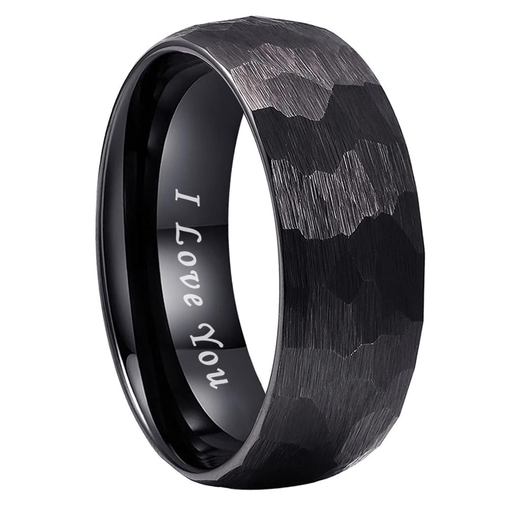 TUTISS 8mm Black Hammered Tungsten Carbide Rings for Men Women Engagement Wedding Bands Domed I Love You Engraved Comfort Fit Size 13