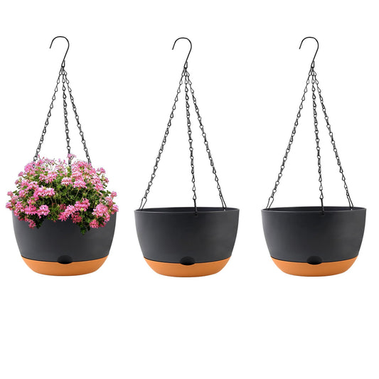 KPUVX 10 inch Plant Pot Hanging Planters Self Watering Pots for Indoor Plants, 3 Pack Plastic Hanging Basket with Removable Tray for Home Garden Porch Balcony Patio Decor(Black)