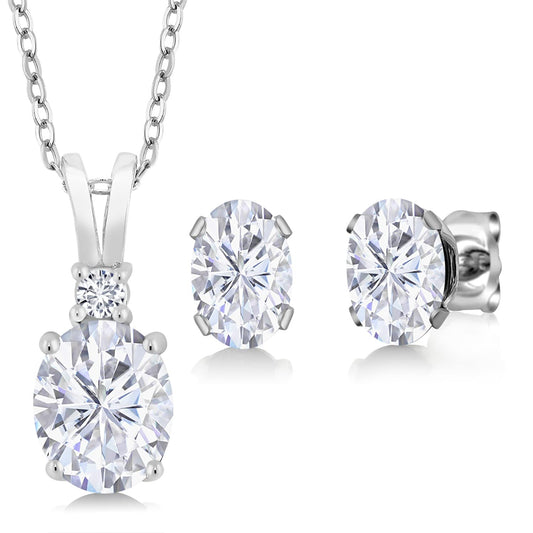 Gem Stone King 3.37 Cttw White Moissanite and White Diamond Pendant Necklace Earrings Set For Women | 925 Sterling Silver | Oval 8X6MM and 7X5MM | With 18 Inch Chain