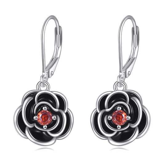 TIGER RIDER Black Rose 925 Sterling Silver Leverback Earrings Flora Jewelry Gift for Women Birthday Christmas