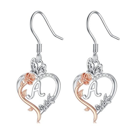 TOUPOP Rose Heart Initial Earrings Sterling Silver Butterfly Earring Initial A Letter Drop Dangle Earrings Jewelry Anniversary Birthday Mothers Day Gifts for Women Mom Wife Girlfriend Her
