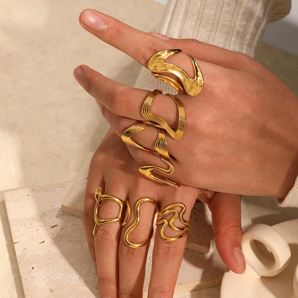 AIETUE Chunky Rings For Women, Gold Silver Thumb Ring Asymmetrical Wavy Curve Ring Adjustable Non Tarnish Dainty Stainless Steel New Year Anniversary Birthday Jewelry Gift (Trendy Gold #2)