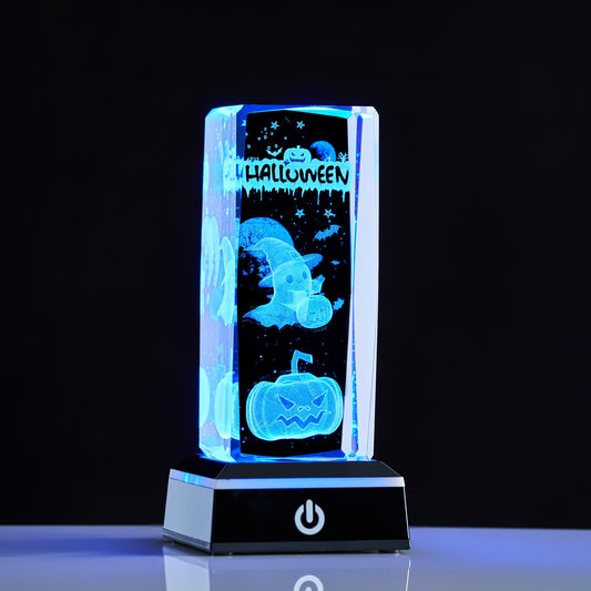 Zerelys Halloween Decor Gifts for Women Men with Gift Box, 3D Crystal Night Light Pumpkin Ghost LED Lamp Spooky Halloween Home Decoration Gifts with Colorful Base