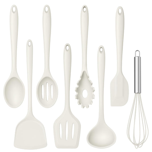TeamFar 8 PCS Silicone Cooking Utensils - 446°F Heat Resistant Kitchen Silicon Utensils Set, Turner, Spatula, Spoon, Whisk, Kitchen Cooking Gadgets Tools for Nonstick Cookware, Dishwasher Safe-White