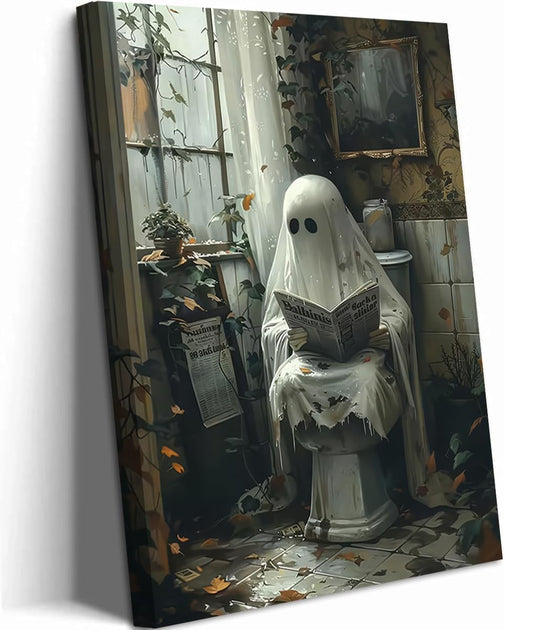 Qenundme Ghost Reading Book on Toilet Canvas Wall Art Bathroom Pictures Vintage Halloween Gothic Horror Ghost Painting Artwork Humor Spooky Witchy Prints for Washroom Wall Decor 8x10in (canvas)