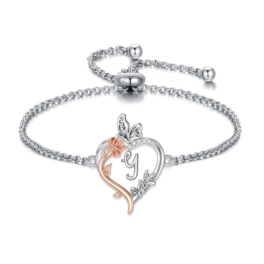 TOUPOP Rose Heart Bracelet for Women Sterling Silver Heart Initial Y Letter Bracelet Butterfly Love Jewelry Anniversary Birthday Mothers Day Gifts for Mom Wife Her Girlfriend