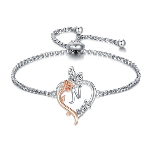 TOUPOP Rose Heart Bracelet for Women Sterling Silver Heart Initial N Letter Bracelet Butterfly Love Jewelry Anniversary Birthday Mothers Day Gifts for Mom Wife Her Girlfriend