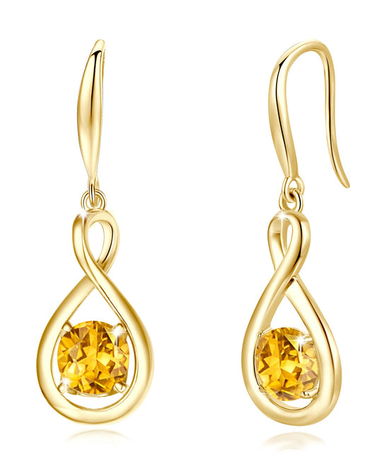 FANCIME Citrine Dangle Drop Earrings 925 Sterling Silver Yellow Gold Plated Dainty Infinity Yellow Topaz November Birthstone Earring Fine Jewelry Birthday Mothers Day Gifts for Mom Her Women