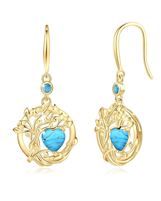 FANCIME Tree of Life Earrings 925 Sterling Silver Yellow Gold Plated Turquoise Dangle Drop Gemstone Earring December Birthstone Fine Jewelry Birthday Mothers Day Gifts for Mom Her Women