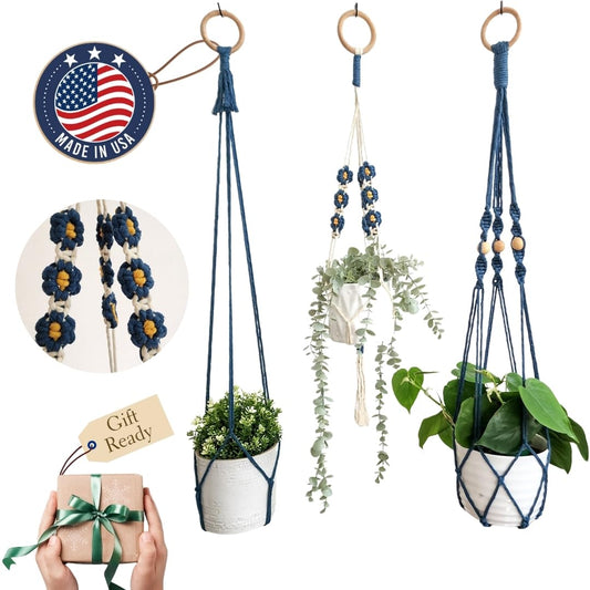 Set of 3 Macrame plant hangers with Daisies & Beads Hanging plant holder Macrame Plant hangers outdoor and indoor hanging planters Plant stand indoor Boho Decor hanging planter stand (Peacock Blue)