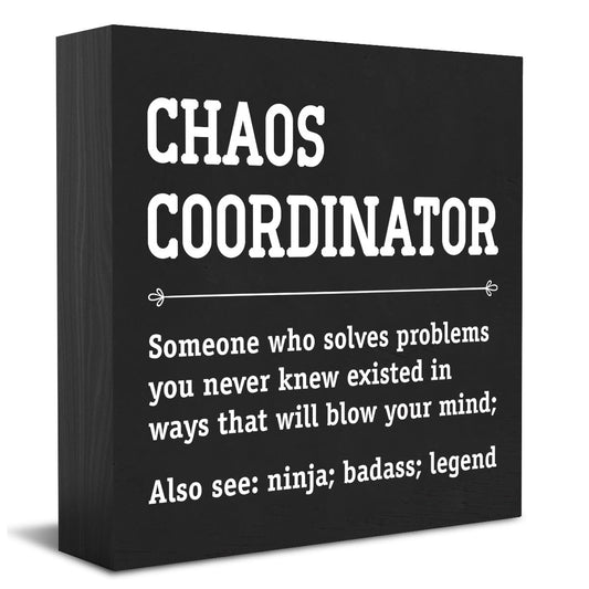 HTBIG Chaos Coordinator Thank You Gifts Office Decor Funny Motivational Desk Decor Gifts for Coworkers Boss Manager Appreciation Rustic Wooden Box Sign for Table top Office Bookshelf Black