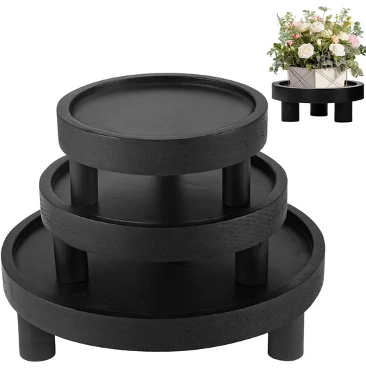 LINGXIANSENG 3 Pcs Wooden Risers for Display, Round Wood Riser Plant Stand 5/6/8" Pedestal Stand, Flower Pot Holder Small Planter Tray for Kitchen Home Décor (Black)