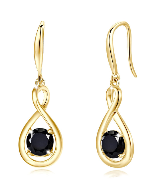 FANCIME Black Tourmaline Dangle Drop Earrings 925 Sterling Silver Yellow Gold Plated Dainty Infinity Bracelet Crystal Black Onyx Gemstone Earring Fine Jewelry Birthday Mothers Day Gifts for Mom Her Women