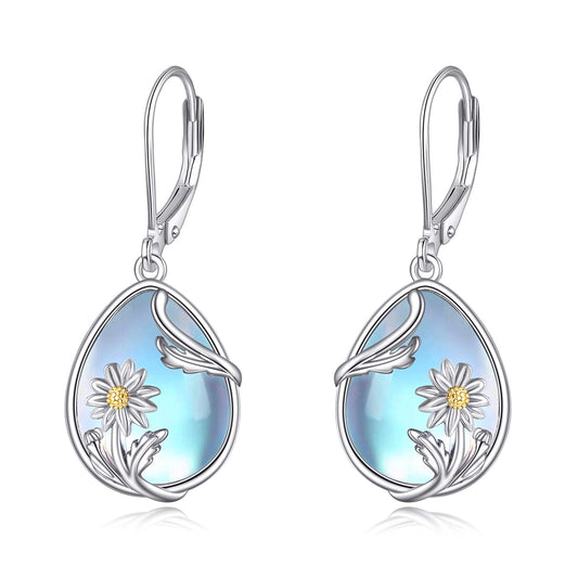 YFN Daisy Flower Moonstone Earrings 925 Sterling Silver Flower Moonstone Drop Leverback Earrings Jewelry
