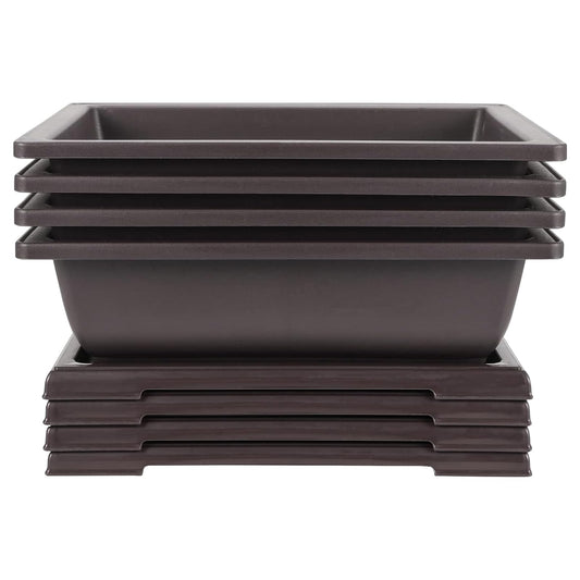 JEUIHAU 4 Pack 14 Inch Bonsai Training Pots with Tray, Rectangular Plant Pot with Drainage Hole, Brown Bonsai Tree Pot, Plastic Bonsai Planter Pots for Succulent, Herb, Flower, Potted Plant