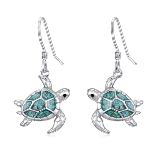 HPQQ Sea Turtle Earrings 925 Sterling Silver Turquoise Turtle Dangle Earrings Ocean Beach Themed Jewelry Mother's Day Jewelry Gifts for Women