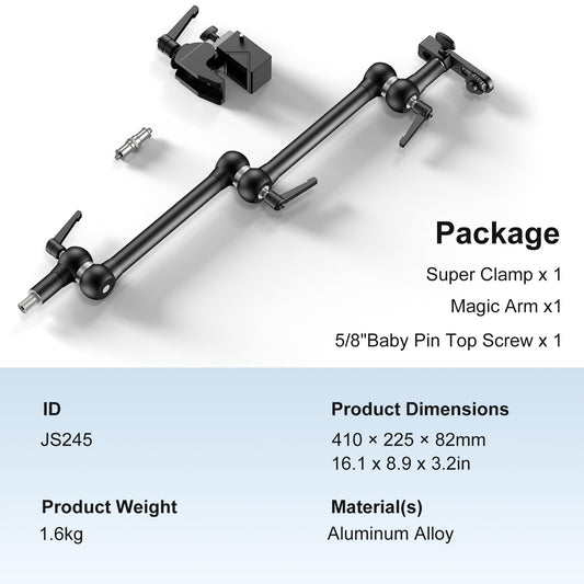 ALTSON 20.4"/52cm Magic Arm Mounting Kit - Super Clamp, 1/4" Screw Adapter, Overhead Camera Desk Mount Stand for Flash/LED Light/Microphone/Monitor, SmallRig Camera Cage, Max Load: 6.61lbs/3kg