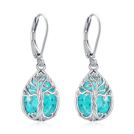 Eusense Tree of Life Earrings Sterling Silver Dangle Leverback Turquoise Earrings for Women Teardrop Drop Sterling Silver Tree of Life Jewelry Gift
