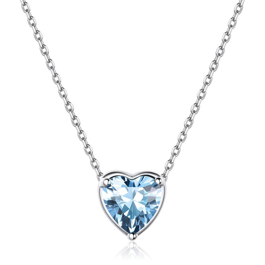 ChicSilver Love Heart Birthstone Necklace 925 Sterling Silver March Aquamarine Gemstone Pendant Necklace Silver Choker Necklace for Women