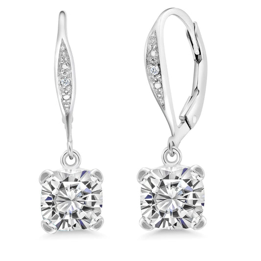 Gem Stone King Drop Dangle Earrings For Women | 7MM Cushion Cut Gemstone Birthstone and Diamond | 925 Sterling Silver | Jewelry Gift for Mom Wife Her | White Moissanite-April | Sterling Silver