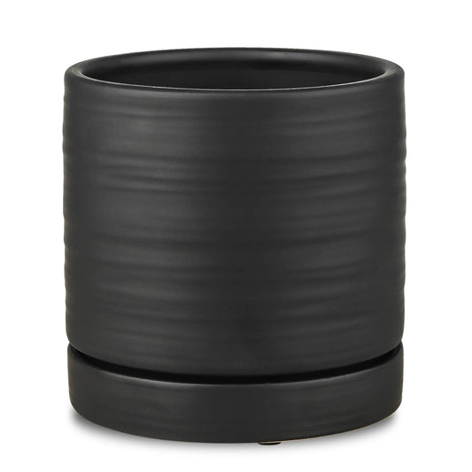 HERDUK 6 Inch Plant Pots, Ceramic Planter Pot with Drainage Hole & Saucer, Indoor/Outdoor Cylinder Round Planter Pot, Matte Black
