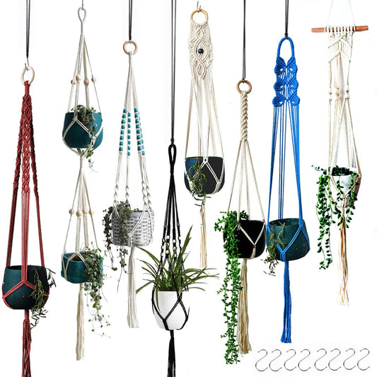 Macravine 8-Pack Macrame Plant Hanger, Boho Indoor Window Pot Hanger with Wooden Beads, Hanging Flower Pot Holder,Creative Handmade Chic Plant Basket Length 39″(no Pot&Plant Included)