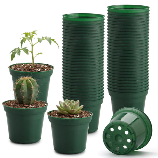 RooTrimmer 3 Inch Plastic Nursery Pot with Drainage, Raised Base - Green Flexible Planters for Seedlings, 50 Pack, Durable & Lightweight for Indoor/Outdoor Gardening