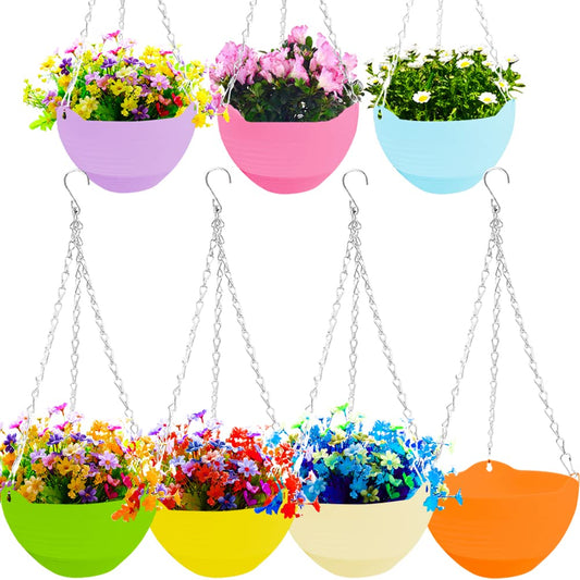 7 Pack 8 Inch Plastic Self-Watering Hanging Planters,Colorful Garden Flower Plant Pot Container Baskets with Drainer Chain for Indoor Outdoor Use,7 Colors
