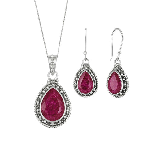 Sivalya AMALFI Raw Ruby Necklace and Earring Set in Solid Silver - Jewelry Set for Women in 925 Sterling Silver - Natural Pear Stones - Raw Ruby Gemstone Jewelry- Gift Packaging Included
